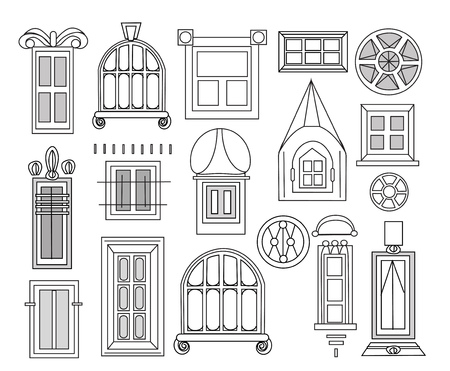 Windows and doors set for City houses, detailed doodleのイラスト素材