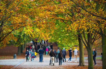 LONDON, UK - OCTOBER 31, 2015: Autumn in London park, people and families walking and enjoying the weatherのeditorial素材