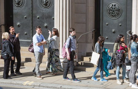 LONDON UK - SEPTEMBER 19, 2015: Queue on the Bank street. People waiting to see Bank of England in...