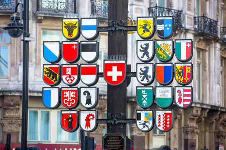 UK arms and flags collage, Leicester squareのeditorial素材