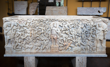 ROME, ITALY - APRIL 8, 2016: Romans sarcophagus marble relier from Museums of Vaticanのeditorial素材