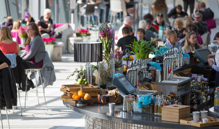 LONDON, UK - OCTOBER 14, 2015 - People by the Sky Garden bar ordering coffee, snacks and refreshmentsのeditorial素材