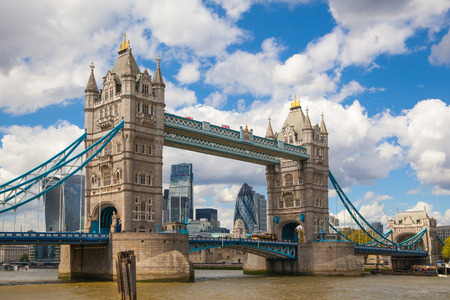 LONDON, UK - SEPTEMBER 19, 2015: Tower bridge and City of London. View includes Gherkin and other buildings at the backgroundのeditorial素材
