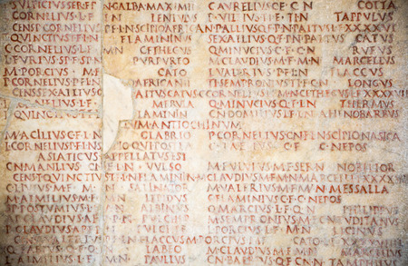 ROME, ITALY - APRIL 8, 2016:  Antic text on marble plate in Capitoline Hill, Rome, Italyのeditorial素材