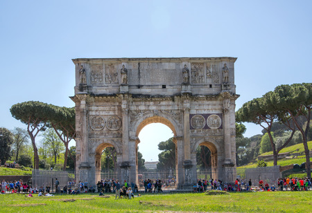 ROME, ITALY - APRIL 8, 2016: Arch of Constantine, ancient construction of emperor victory over Maxentius in 312AD, Locates next to Coliseumのeditorial素材