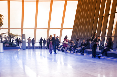 LONDON, UK - APRIL 22, 2015: People watching London skyline from the 32 floor of viewing hallのeditorial素材