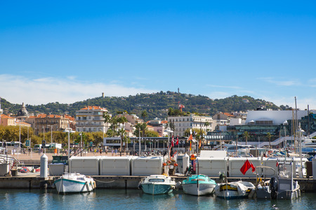 CANNES, FRANCE - 19 SEPTEMBER, 2016: Vieux Port (old port) in the city of Cannes, with lots of sailing boats and power yachts anchored during the Sailing regattaのeditorial素材