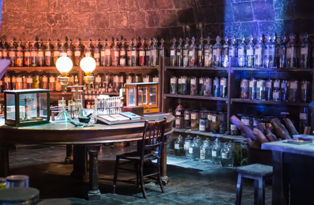 Leavesden, London, UK - 1 March 2016: Interior of Dumbledore office and Professor's costume. Decoration Warner Brothers Studio for Harry Potter filmのeditorial素材