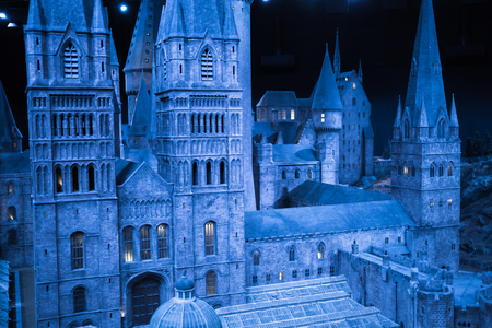 Leavesden, London, UK - 1 March 2016: Plastic model of Hogwarts School of Witchcraft and Wizardry. Model sits in Warner Brothers Studio London and open for show under the Ã¢ï¿½ï¿½Making Harry Potter filmÃ¢ï¿½ï¿½ tourのeditorial素材