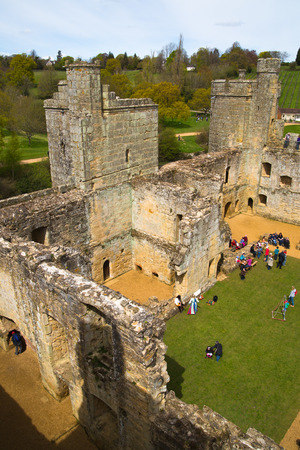 BODIAM, UK - 1 MAY, 2016: Inner view of Bodiam Castle 14th-century moated fortification with lots of tourists.のeditorial素材