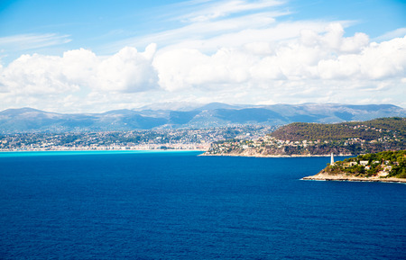 Nice, France - September 15, 2016: panoramic view of Nice airport against of mountains and cloudy sky. The cote d'azur landscapeの写真素材