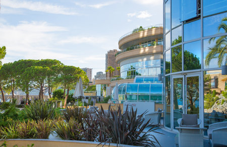 Monaco, Monte Carlo - September 15, 2016: Le Meridien Beach Plaza hotel view with palms against of blue skyのeditorial素材