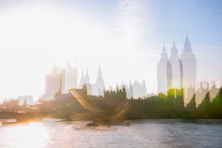 Multiple exposure image of Big Ben and Houses of Parliament at sunset. Londonの写真素材