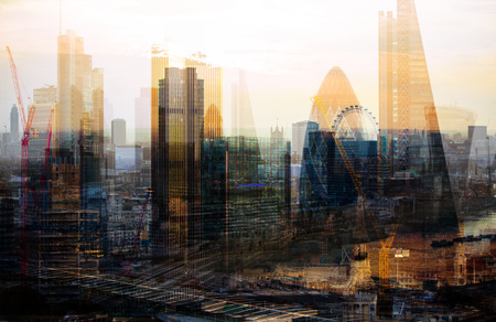 City of London at sunset, Multiple exposure image with night lights reflections.のeditorial素材