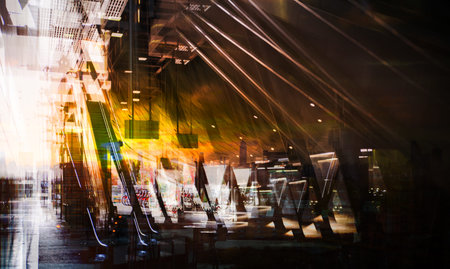 Interior of modern train station, metal supportive constructions and escalator. Multiple exposure...