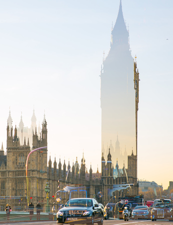 London, UK - November 30, 2016:  Multiple exposure image of beautiful morning on the Westminster bridge with blur of walking people. View include Big Ben and Houses of Parliament.のeditorial素材