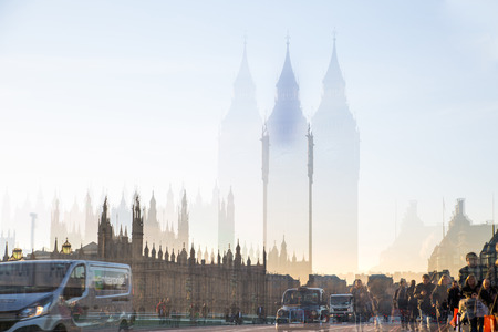 London, UK - November 30, 2016:  Multiple exposure image of beautiful morning on the Westminster bridge with blur of walking people. View include Big Ben and Houses of Parliament.のeditorial素材