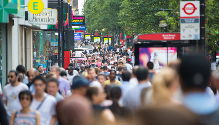 London, UK - August 24, 2016: Lots of people walking in Oxford street, the main destination of Londoners for shopping. Modern life conceptのeditorial素材