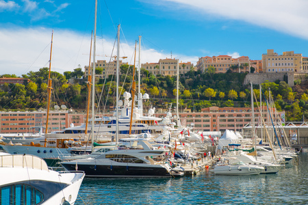 Monaco, Monte Carlo - September 16, 2016: Principality of Monaco. View of the seaport and the city of Monte Carlo with luxury yachts and sail boatsのeditorial素材