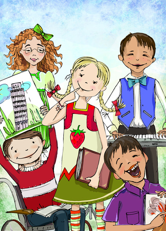 Group of children, including the boy in wheel chair, demonstrating different school activities: playing piano, reading, drawing. Educational concept.の写真素材