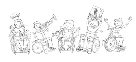 Little boy in the wheelchair doodle, paying musical instrument, drawing, running, reading. School activities, educational conceptの写真素材