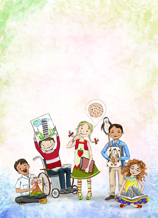 Group of happy children, include the boy in wheelchair, with books. Educational concept illustrationの写真素材