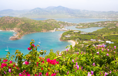 Antigua, English Harbour panoramic view with boats and yachts. View include Freeman bay and beachの写真素材