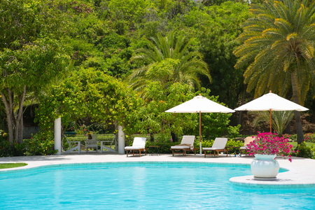 Antigua, Caribbean islands, English Harbour - May 20, 2017:  Galleon beach hotel view swimming pool.のeditorial素材