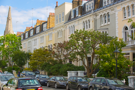 London, UK - September 8, 2016: Residential aria of Kensington with row of periodic buildings. Luxury property in the centre of London.  Kensington church street.のeditorial素材