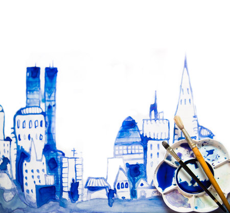 Beautiful modern city with skyscrapers illustration made of watercolour effects.  Brushes and watercolour palette.の写真素材