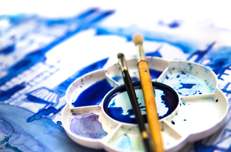 Beautiful modern city with skyscrapers illustration made of watercolour effects.  Brushes and watercolour palette.の写真素材