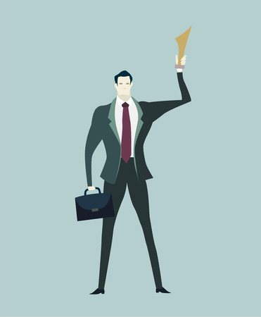 Successful businessman on top of the stairs with the trophy. Business concept illustration.の写真素材