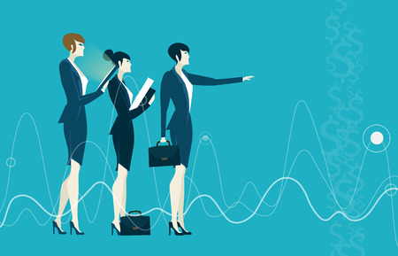 Three businesswoman looking for the business growing charts and diagrams and representing professional success. Business concept illustration.の写真素材