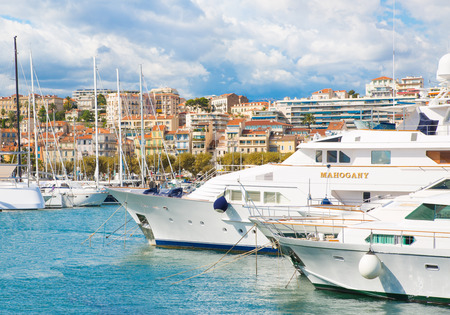 Cannes, ITALY - September 18, 2016: Super yachts in the Le Vieux Port of Cannes. Cannes yachting festival view in sunny day.のeditorial素材