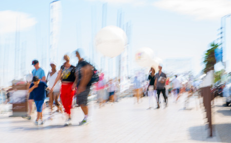 Cannes, ITALY - September 18, 2016: Le Vieux Port of Cannes. Blur of people walking on the Yachting festival in front of the main harbourのeditorial素材