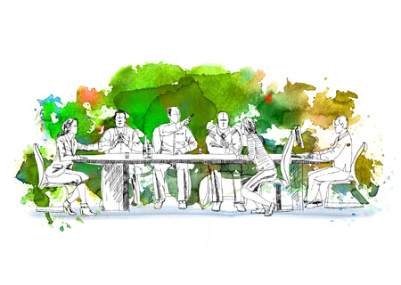 Silhouettes of successful business people working on meeting. Sketch with colourful water colour effectsの写真素材
