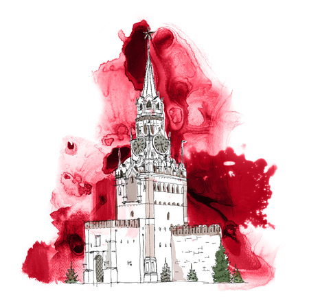 Moscow, Red square. Spasskaya tower Sketch with colourful water colour effectsの写真素材