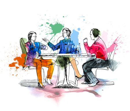 Silhouettes of successful business people working on meeting. Sketch with colourful water colour effectsの写真素材