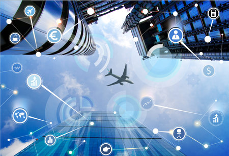 Modern skyscrapers City of London and business network connections concept. Technology,...