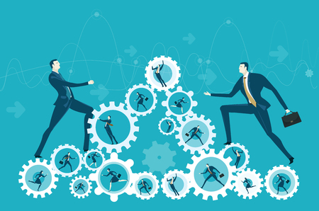 Two businessmen climbing up on the pyramid made of gears with hard working people. The way towards the success. Concept illustrationのイラスト素材