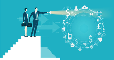 Businessmen illuminating with the light communication icons: globe, question mark, dollar sign. Business concept illustration.のイラスト素材