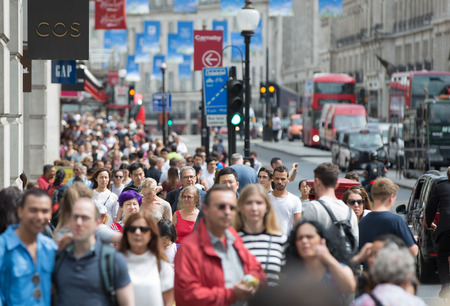 London, UK - August 24, 2016: Crowd of people in the Regent street. Tourists, shoppers and business people rush timeのeditorial素材