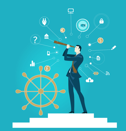 Businessman looking with the telescope and surrounded by communication icons. Business concept illustration.のイラスト素材