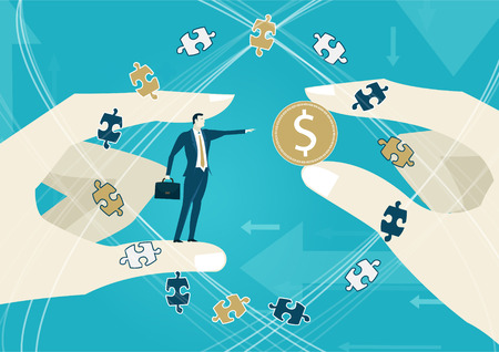 Businessman pointing on the dollar symbol and surrounded by puzzle pieces. Market fall, economy concept.のイラスト素材