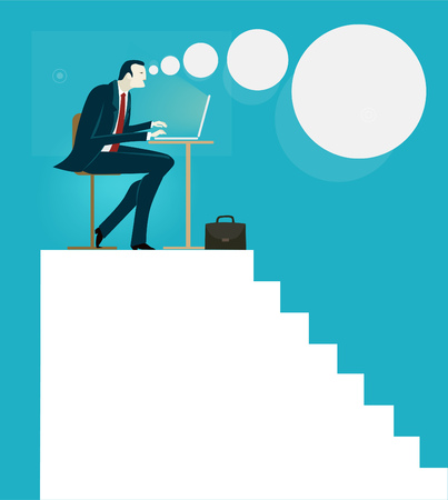 Businessman on top of the stairs, working with the laptop.   Business concept illustrationのイラスト素材