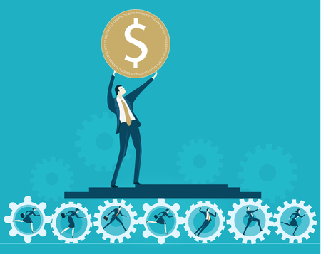 Businessmen, holding up the coin sign, staying on the platform which held by working people and gearsのイラスト素材