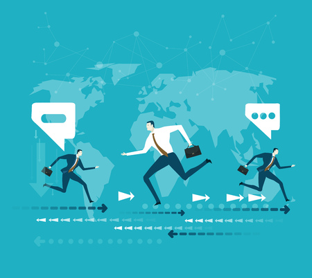 Business people running in front of the world map. Global business conceptのイラスト素材
