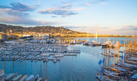 Cannes, France - September 18, 2016: Sunset at Le Vieux Port of Cannes. Cannes yachting festival view in eveningのeditorial素材