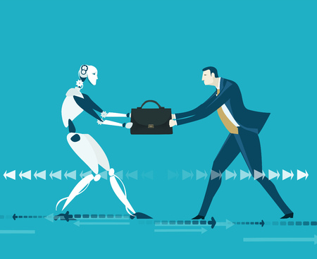 Businessmen and robot fighting for taking part in leading process. Future reality, artificial intellect concept illustrationのイラスト素材