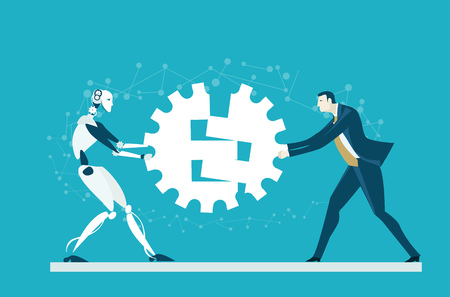 Businessmen and robot fighting for taking part in leading process. Future reality, artificial intellect concept illustrationのイラスト素材